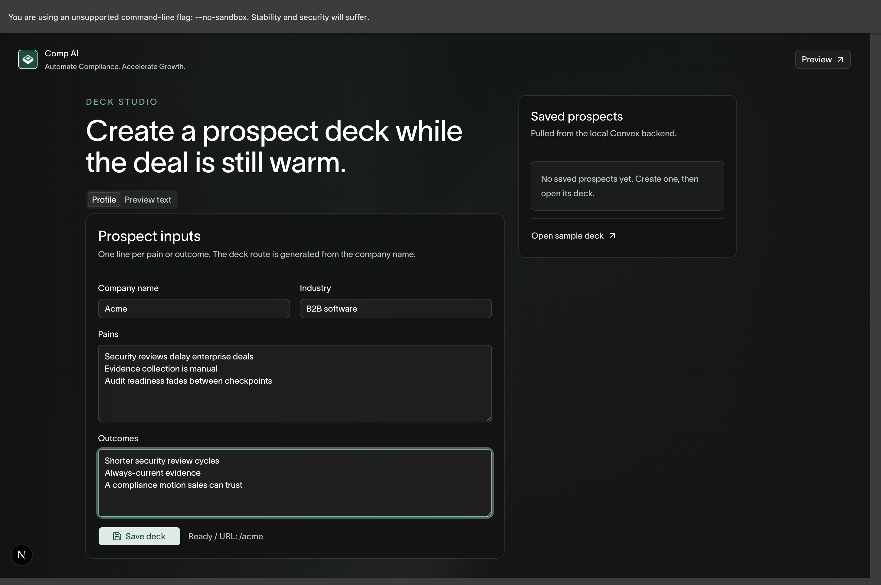 Comp AI's deck studio — generate a prospect deck from a single line of pain or outcome