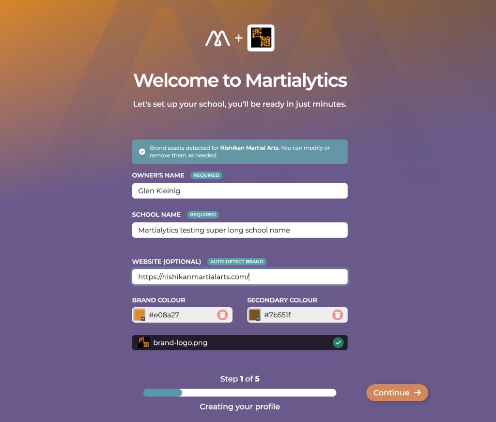 Martialytics onboarding screen showing Context.dev auto-detected brand assets