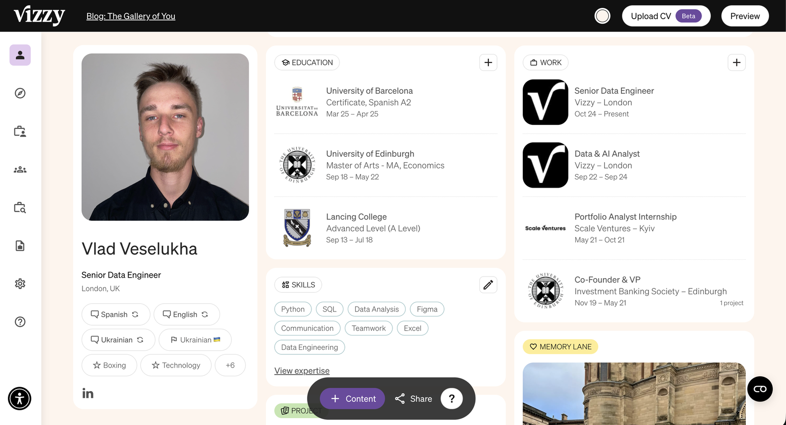Vizzy profile showing work experience and education with company logos
