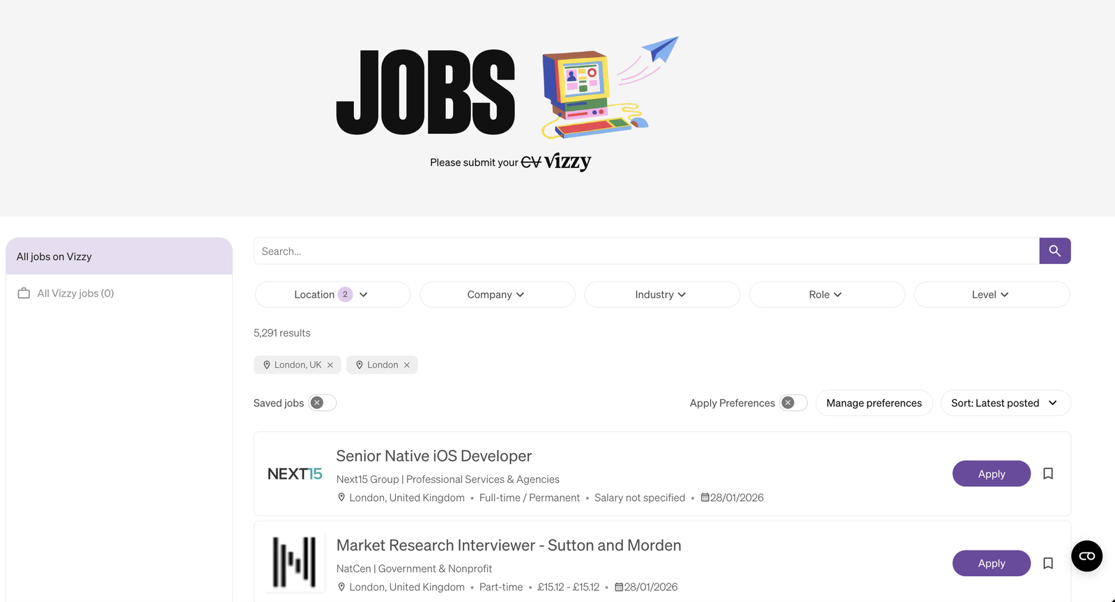 Vizzy jobs board with company logos